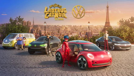 HD wallpaper featuring characters from Miraculous: Ladybug & Cat Noir, The Movie, posing with stylized cars against a backdrop of the Eiffel Tower.