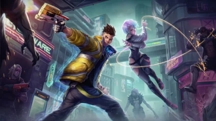 4K Ultra HD anime wallpaper from Cyberpunk: Edgerunners featuring dynamic characters in a neon-lit futuristic city ready for action.