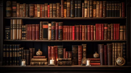 HD desktop wallpaper featuring a bookshelf filled with vintage books, accented with lit candles providing a warm ambiance.