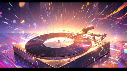A vibrant HD desktop wallpaper featuring a spinning vinyl record on a turntable, surrounded by colorful bursts of light, capturing the essence of music and creativity.