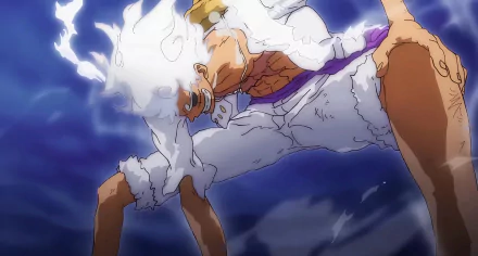 HD desktop wallpaper featuring Monkey D. Luffy in Gear 5 transformation from One Piece, embodying Joy Boy with dynamic anime-style energy and intense blue lightning effects.