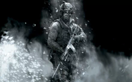 A dramatic HD wallpaper featuring a soldier from Call of Duty: Modern Warfare 2, set against a smoky, intense backdrop, embodying the game's gritty atmosphere.