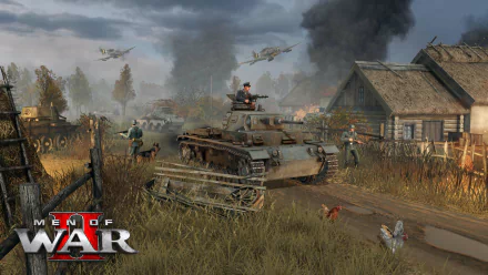 HD desktop wallpaper of Men of War II featuring an intense battlefield scene with tanks and soldiers amidst rural houses under a smoke-filled sky.