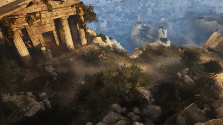 Titan Quest II HD desktop wallpaper featuring ancient temple ruins overlooking a valley.