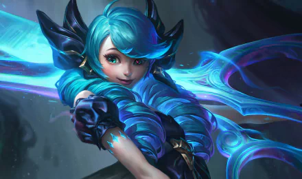 A vibrant HD wallpaper featuring Gwen from League of Legends, showcasing her striking blue hair and ornate weaponry against a dynamic background.