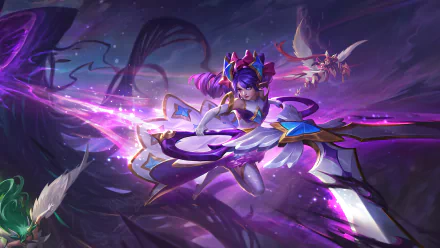 HD desktop wallpaper featuring Gwen from League of Legends, depicted with dynamic magical abilities in a vivid, mystical setting.