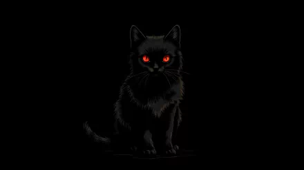 HD desktop wallpaper featuring a black cat with glowing red eyes on a dark background.