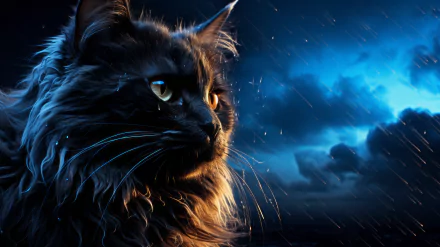 HD wallpaper of a majestic black cat against a dramatic blue night sky background with subtle rain.