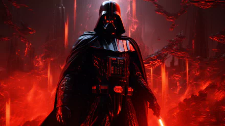 HD desktop wallpaper featuring Darth Vader from Star Wars, set against a dramatic red backdrop with glowing effects.