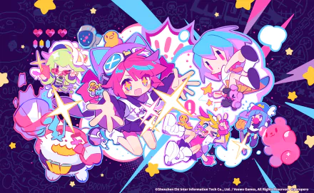 Colorful HD desktop wallpaper featuring Marija, Buro, and Rin from the Muse Dash video game, surrounded by vibrant stars, cute creatures, and dynamic action elements.