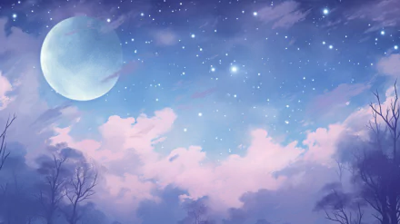 HD desktop wallpaper featuring a serene night sky aesthetic with a large moon and twinkling stars over silhouetted trees.