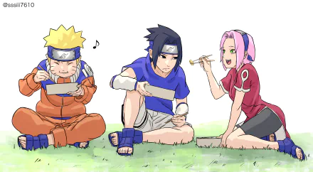 4K Ultra HD anime wallpaper featuring Naruto Uzumaki, Sasuke Uchiha, and Sakura Haruno enjoying a meal together in a peaceful outdoor setting.