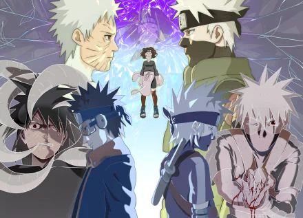 4K Ultra HD Naruto anime wallpaper featuring Obito Uchiha, Kakashi Hatake, and Rin Nohara with dramatic backgrounds and emotional expressions.