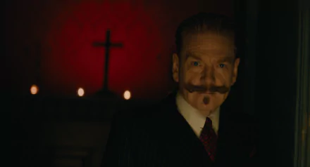 Kenneth Branagh in character with a dramatic backdrop for A Haunting in Venice – HD desktop wallpaper.
