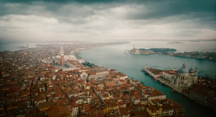 A hauntingly beautiful view of Venice, Italy, captures the iconic skyline and waterways, featured as a backdrop in the movie *A Haunting in Venice*. A stunning HD desktop wallpaper.