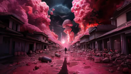 4K Ultra HD PC desktop wallpaper featuring a dramatic scene from the movie Oppenheimer, with pink clouds and a solitary figure amidst ruined buildings.