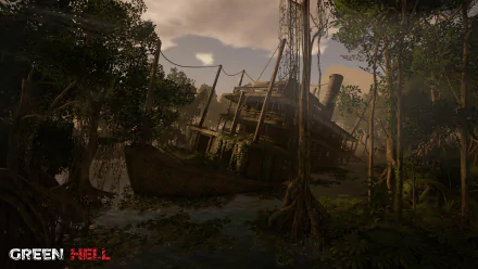 HD wallpaper of an abandoned shipwreck in a dense jungle setting with the Green Hell game logo prominently displayed.