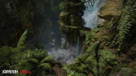 A lush, vibrant landscape from the video game Green Hell, showcasing towering cliffs, rich vegetation, and a waterfall shrouded in mist—an immersive HD desktop wallpaper.