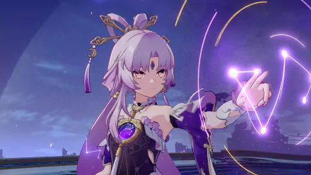 Fu Xuan from Honkai: Star Rail featured in an HD desktop wallpaper with mystical purple hues and glowing sigils in the background.