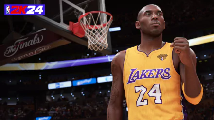 High-definition desktop wallpaper for NBA 2K24 featuring a basketball player in a Lakers #24 jersey with the finals arena in the background.