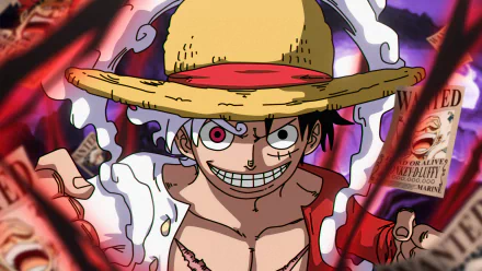 HD PC desktop wallpaper featuring Monkey D. Luffy in Gear 5 form from the anime One Piece, showcasing his intense expression and iconic straw hat.