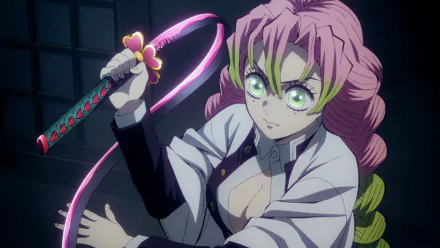 HD anime desktop wallpaper featuring a vibrant scene from Demon Slayer: Kimetsu no Yaiba, showcasing a character wielding a glowing sword in intense detail.