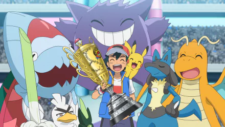 HD desktop wallpaper of Pokémon Ultimate Journeys: The Series featuring Gengar, Dragonite, Lucario, and a trainer triumphantly holding a trophy with a cheering crowd in the background.