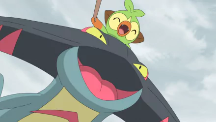 HD Wallpaper of Grookey from Pokémon Ultimate Journeys: The Series, cheerfully perched on the shoulder of another Pokémon.