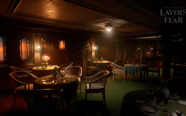 HD desktop wallpaper of Layers of Fear game showing an atmospheric Victorian-style dining room with dim lighting and elegant table settings, creating a moody and suspenseful background.