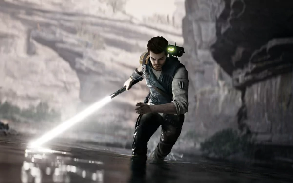 HD desktop wallpaper featuring a Jedi from Star Wars Jedi: Survivor wielding a lightsaber in a dramatic pose.