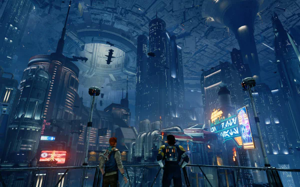 HD wallpaper featuring a scene from Star Wars Jedi: Survivor game with characters overlooking a futuristic cityscape.