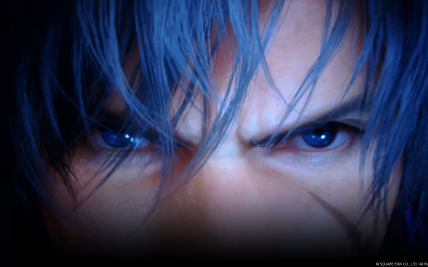 A striking HD wallpaper featuring Clive Rosfield from Final Fantasy XVI, showcasing intense blue eyes and tousled hair, highlighting the character's dramatic presence.