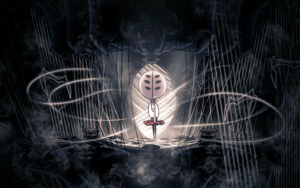 HD desktop wallpaper featuring the character Hornet from the game Hollow Knight: Silksong, with a mystical backdrop and glowing threads.