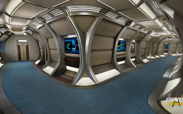 HD wallpaper of Star Trek: Resurgence featuring a detailed view of a spacecraft corridor with futuristic control panels and architecture.