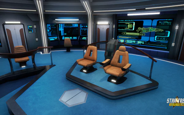 HD desktop wallpaper featuring the bridge of a starship from Star Trek: Resurgence video game with captain's chairs and futuristic control panels.