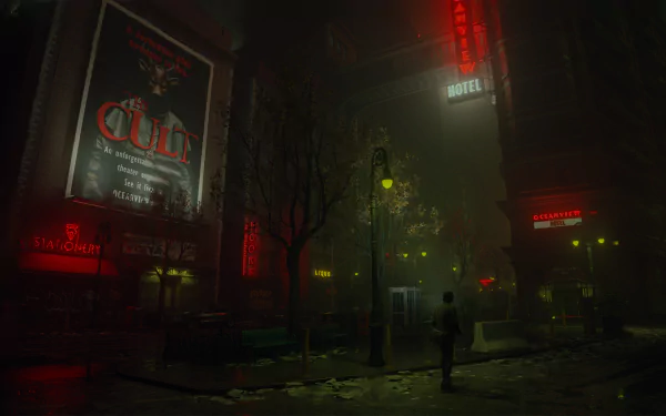 Alan Wake 2 HD desktop wallpaper featuring a suspenseful, foggy street scene with neon signs and a mysterious figure.