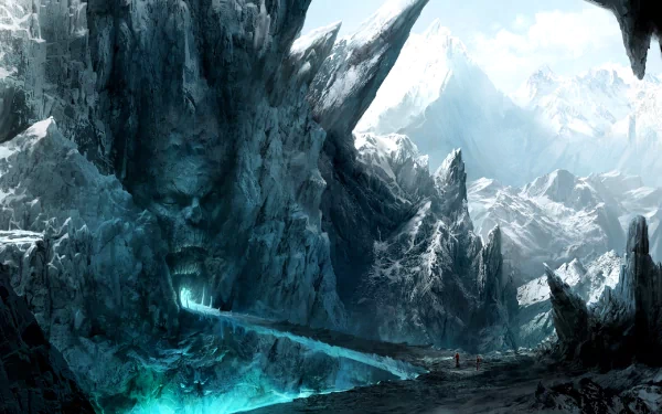 HD fantasy landscape wallpaper featuring a dramatic icy mountain with glowing blue light emanating from a cave entrance. Snowy peaks and jagged rocks create a mystical, otherworldly atmosphere.