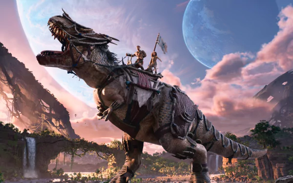HD wallpaper of Ark 2 featuring characters riding a dinosaur with lush scenery and a dramatic sky with twin moons in the background.