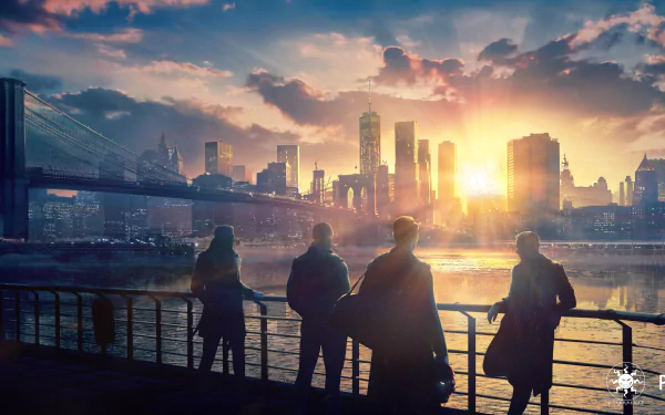 HD wallpaper from Payday 3, featuring silhouetted characters at sunset, overlooking a vibrant city skyline with reflections on the water.