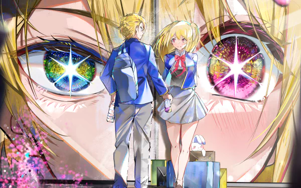 Anime HD wallpaper featuring Ruby Hoshino and Aquamarine Hoshino from Oshi no Ko. They stand holding hands with colorful starry eyes gazing in the background, creating a visually stunning scene.