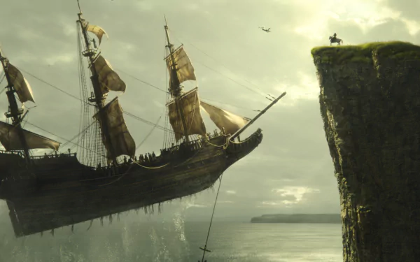 HD wallpaper featuring the iconic scene from Peter Pan with the pirate ship near a cliff and Wendy standing on the edge, representing a magical moment of the story.