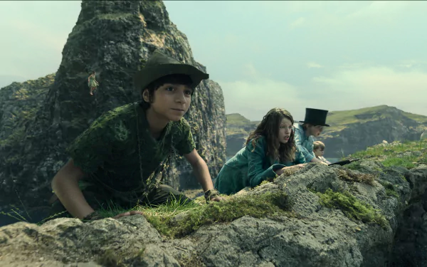 HD desktop wallpaper featuring characters resembling Peter Pan and Wendy hiding behind rocky terrain in a whimsical adventure setting.