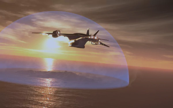 HD desktop wallpaper featuring an Exoprimal aircraft flying over the ocean at sunset with a futuristic shield in the background.