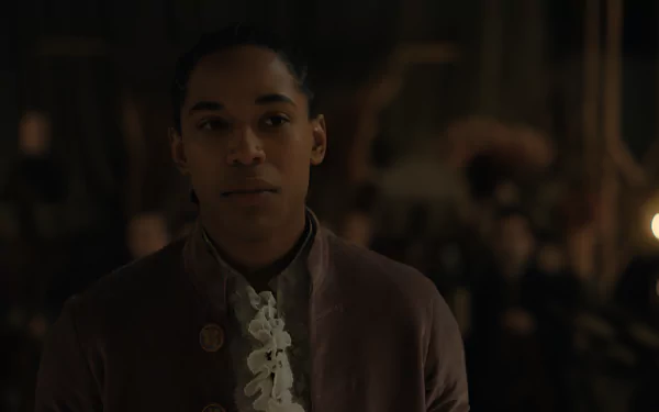 HD desktop wallpaper featuring a poised individual in a chevalier-style outfit with a ruffled cravat and antique ambiance background.