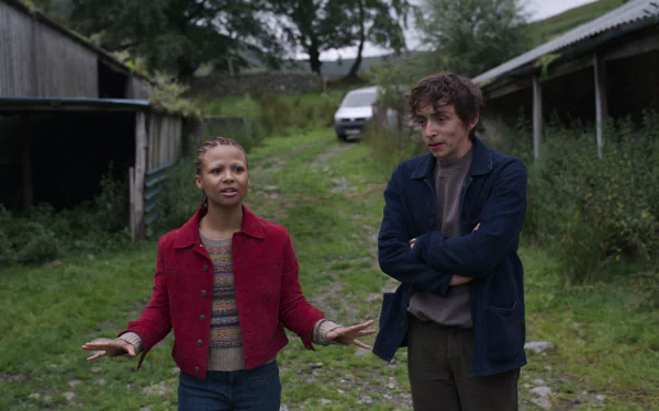 HD Desktop wallpaper featuring two characters in an outdoor setting from the show Black Mirror with a rustic background.