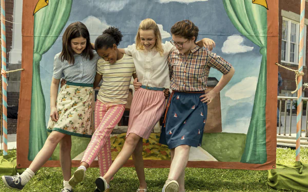 HD wallpaper featuring a happy group of friends from Are You There God? It's Me, Margaret leaning on a colorful playhouse with a painted backdrop.