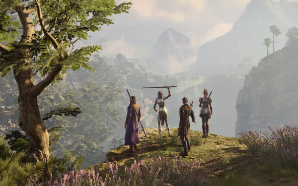 HD desktop wallpaper from Baldur's Gate 3 featuring a group of adventurers overlooking a picturesque mountain landscape.