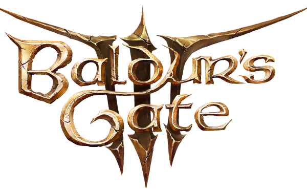 HD desktop wallpaper featuring the logo for the video game Baldur's Gate 3, with stylized metallic text and sharp, angular designs.