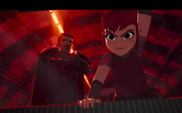 Vibrant HD desktop wallpaper from the movie Nimona, featuring a spirited character with red hair and a mysterious figure in a dramatic, colorful setting.