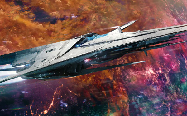 A sleek spaceship glides through a vibrant cosmic landscape, showcasing stunning colors and details. This HD desktop wallpaper captures the essence of sci-fi adventure.